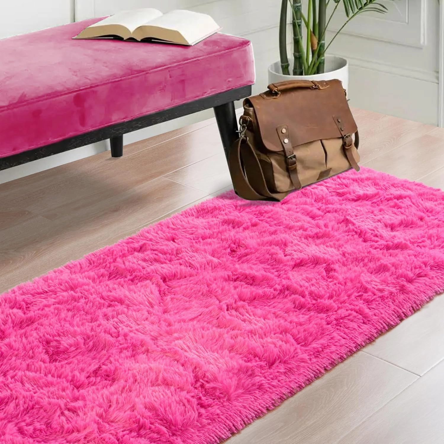 HQAYW Fluffy Runner Rug for Bedroom Living Room, Soft Shaggy Kids Girls Room Rugs Bedside Rug Dorm Rug with Non Slip Backing Plush Fuzzy Hallway Carpet Indoor Home Decor, 2' x 6', Hot Pink