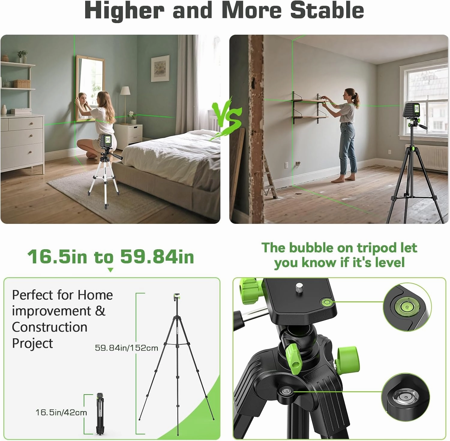 Huepar Laser Level with 60in Tripod Self Leveling, 150Ft / 150° Lazer Leveler Tool Outdoor Use(Pulse Mode-197Ft), Switchable Green Cross Line for Picture Hanging, Tile, DIY/Construction Project