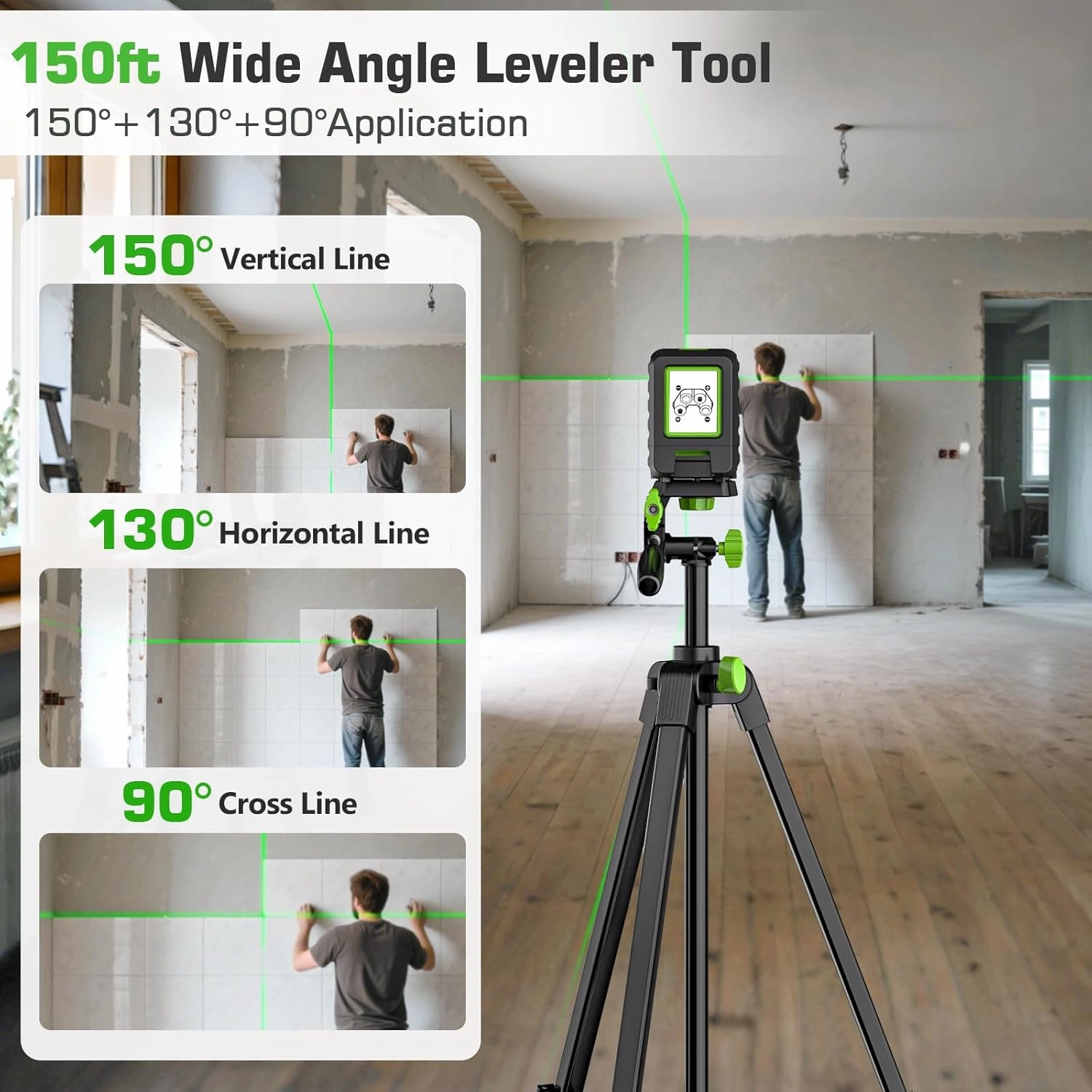 Huepar Laser Level with 60in Tripod Self Leveling, 150Ft / 150° Lazer Leveler Tool Outdoor Use(Pulse Mode-197Ft), Switchable Green Cross Line for Picture Hanging, Tile, DIY/Construction Project