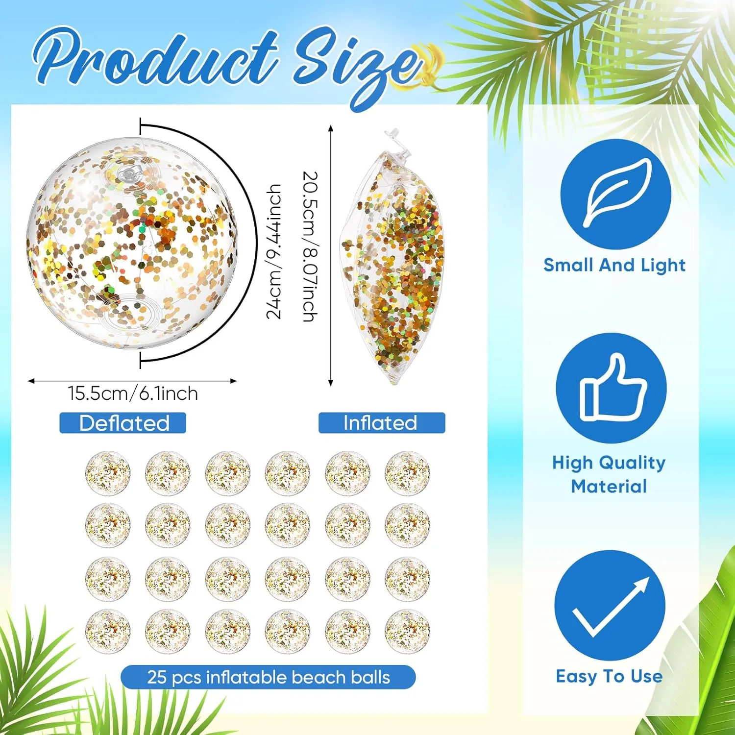 Hungdao 25 Pcs Inflatable Glitter Beach Ball 8 Inches Mini Clear Floatable Confetti Ball for Kids Bulk Swimming Pool Theme Party Toy for Hawaiian Theme Party Decorations Favors Supplies