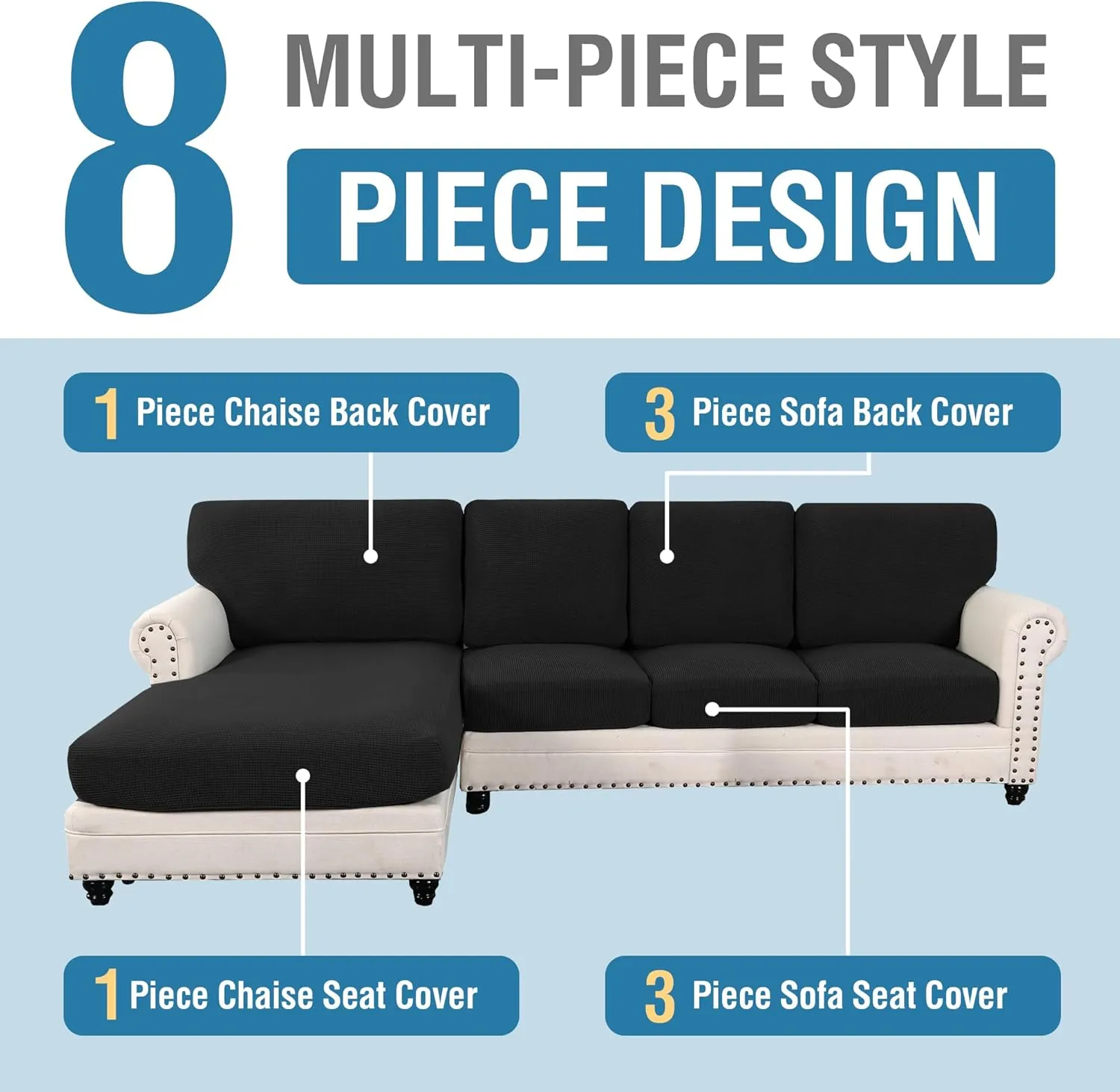 H.VERSAILTEX 2025 New Sectional Couch Covers 8 Pieces Stretch Sofa Covers for Sectional Sofa Set Separate L Shaped Couch Cover for Both Left/Right Couch (Seat and Back: 1 Chaise   3 Sofa, Black)