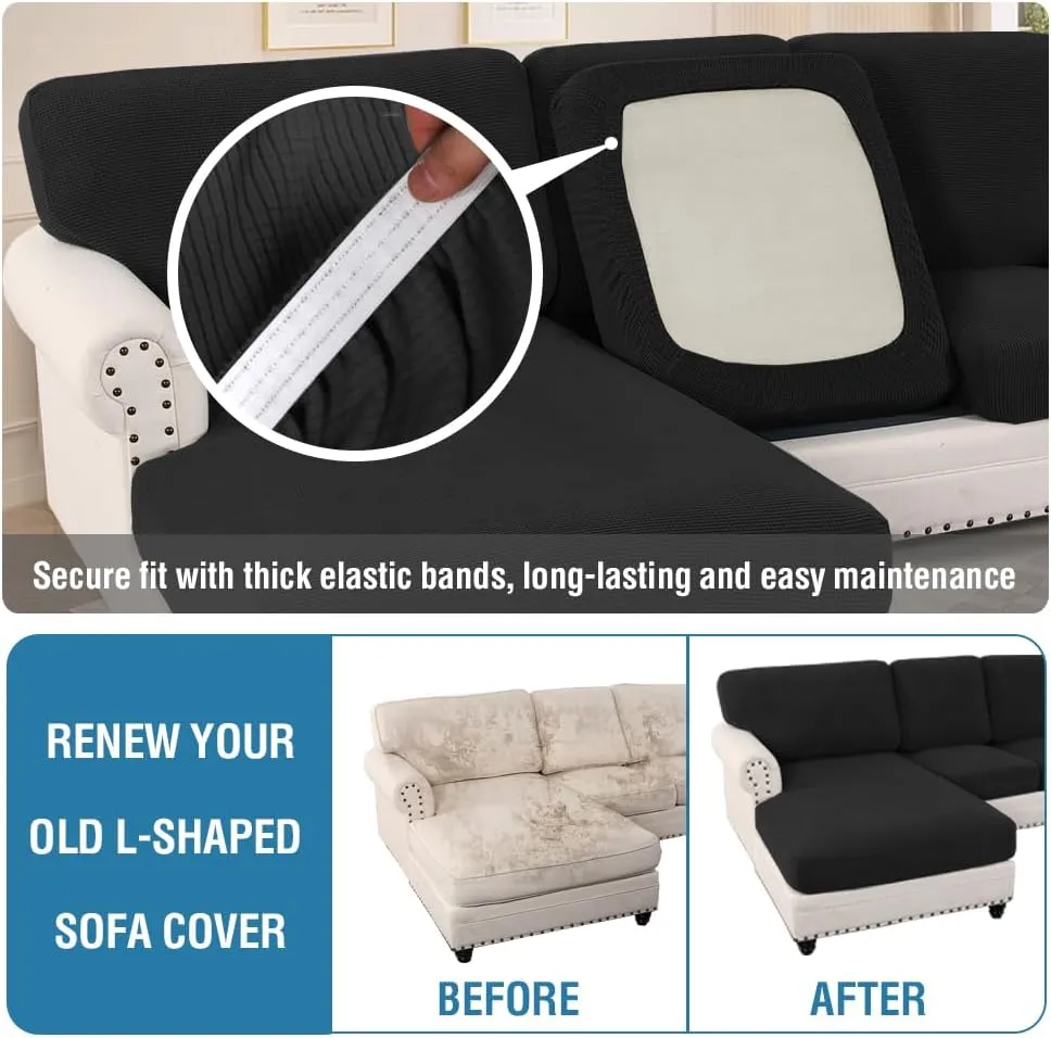 H.VERSAILTEX 2025 New Sectional Couch Covers 8 Pieces Stretch Sofa Covers for Sectional Sofa Set Separate L Shaped Couch Cover for Both Left/Right Couch (Seat and Back: 1 Chaise   3 Sofa, Black)