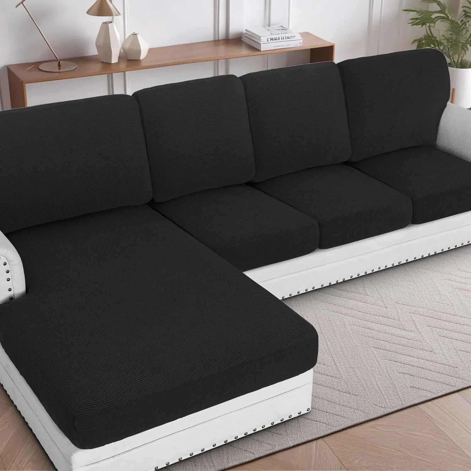 H.VERSAILTEX 2025 New Sectional Couch Covers 8 Pieces Stretch Sofa Covers for Sectional Sofa Set Separate L Shaped Couch Cover for Both Left/Right Couch (Seat and Back: 1 Chaise   3 Sofa, Black)
