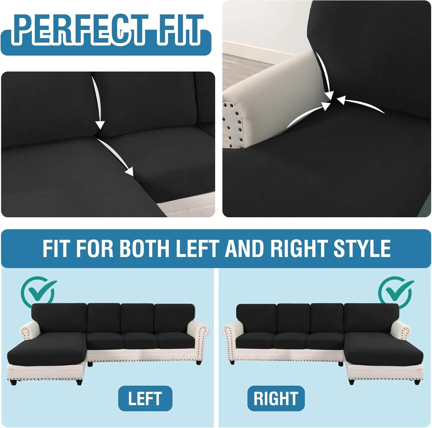 H.VERSAILTEX 2025 New Sectional Couch Covers 8 Pieces Stretch Sofa Covers for Sectional Sofa Set Separate L Shaped Couch Cover for Both Left/Right Couch (Seat and Back: 1 Chaise   3 Sofa, Black)