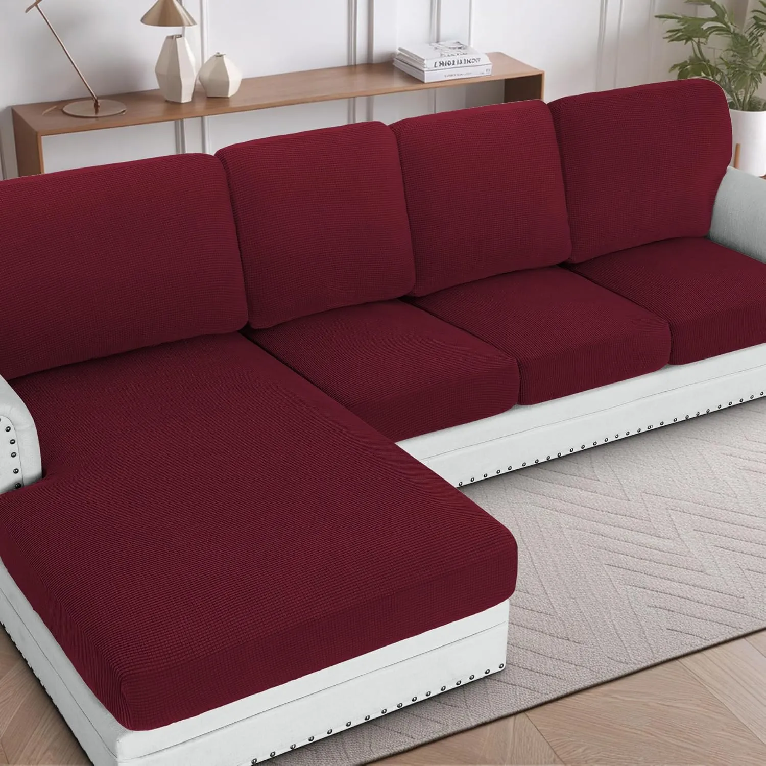 H.VERSAILTEX 2025 New Sectional Couch Covers 8 Pieces Stretch Sofa Covers for Sectional Sofa Set Separate L Shaped Couch Cover for Both Left/Right Couch (Seat and Back: 1 Chaise   3 Sofa, Burgundy)