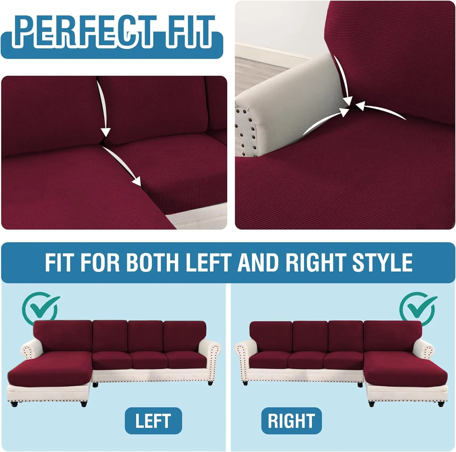 H.VERSAILTEX 2025 New Sectional Couch Covers 8 Pieces Stretch Sofa Covers for Sectional Sofa Set Separate L Shaped Couch Cover for Both Left/Right Couch (Seat and Back: 1 Chaise   3 Sofa, Burgundy)