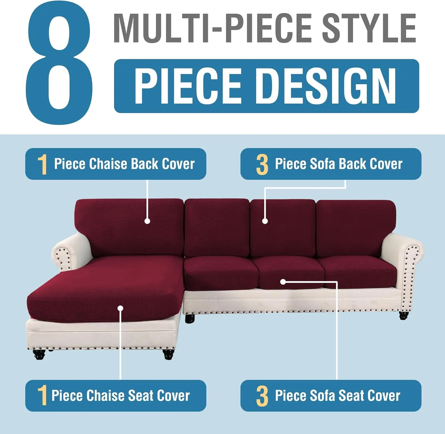 H.VERSAILTEX 2025 New Sectional Couch Covers 8 Pieces Stretch Sofa Covers for Sectional Sofa Set Separate L Shaped Couch Cover for Both Left/Right Couch (Seat and Back: 1 Chaise   3 Sofa, Burgundy)