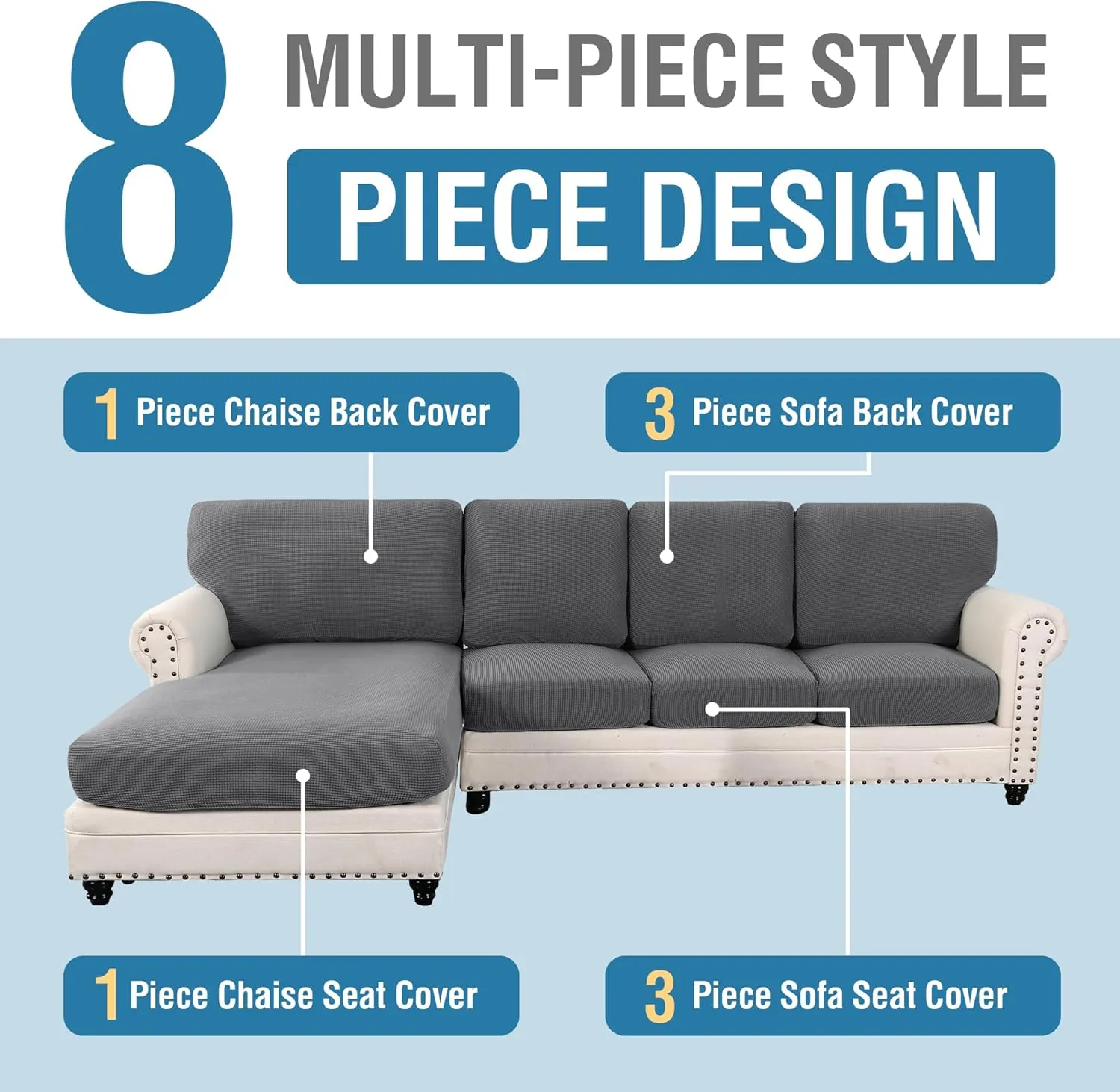 H.VERSAILTEX 2025 New Sectional Couch Covers 8 Pieces Stretch Sofa Covers for Sectional Sofa Set Separate L Shaped Couch Cover for Both Left/Right Couch (Seat and Back: 1 Chaise   3 Sofa, Grey)