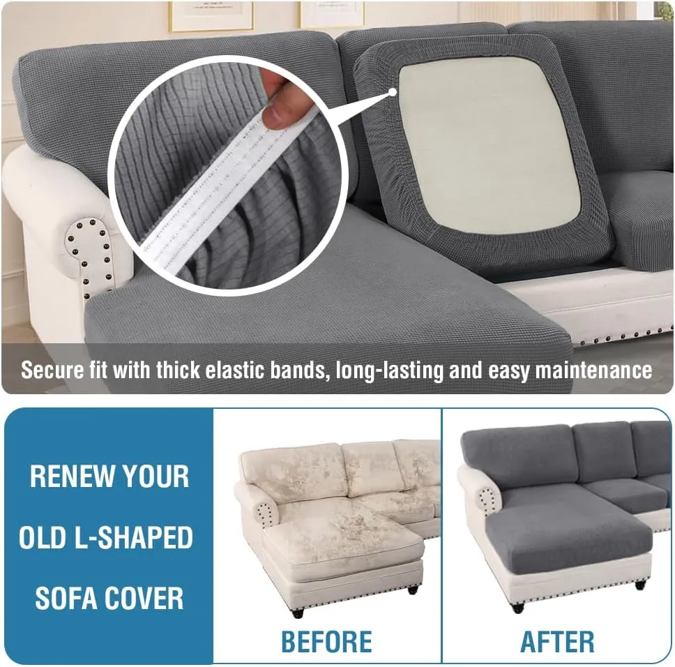 H.VERSAILTEX 2025 New Sectional Couch Covers 8 Pieces Stretch Sofa Covers for Sectional Sofa Set Separate L Shaped Couch Cover for Both Left/Right Couch (Seat and Back: 1 Chaise   3 Sofa, Grey)