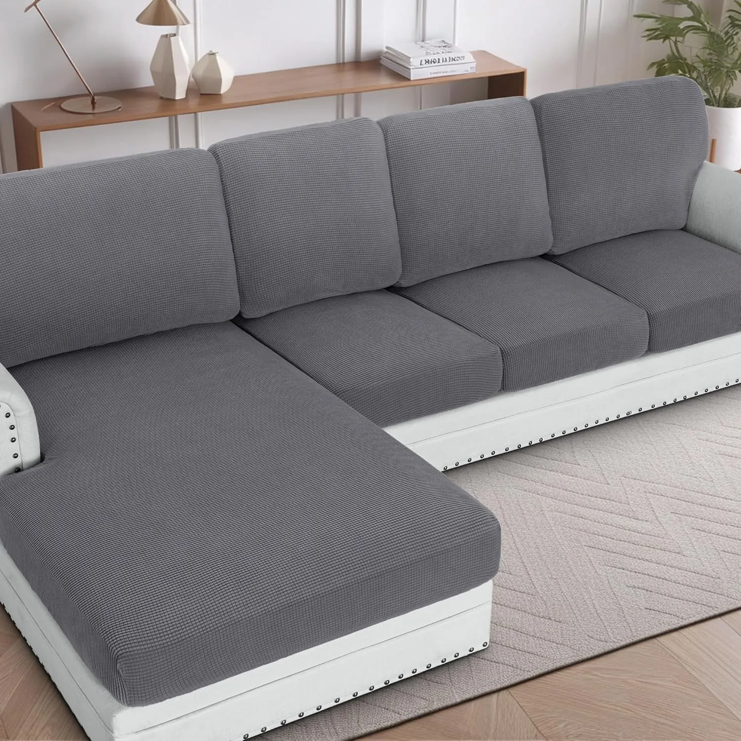 H.VERSAILTEX 2025 New Sectional Couch Covers 8 Pieces Stretch Sofa Covers for Sectional Sofa Set Separate L Shaped Couch Cover for Both Left/Right Couch (Seat and Back: 1 Chaise   3 Sofa, Grey)