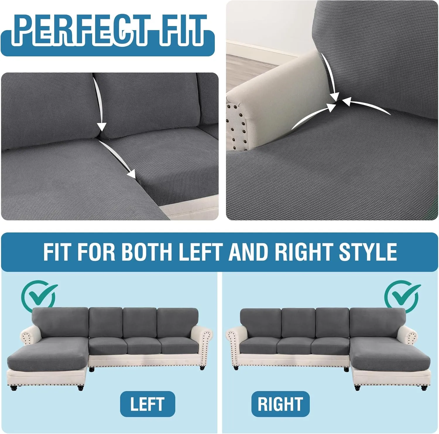 H.VERSAILTEX 2025 New Sectional Couch Covers 8 Pieces Stretch Sofa Covers for Sectional Sofa Set Separate L Shaped Couch Cover for Both Left/Right Couch (Seat and Back: 1 Chaise   3 Sofa, Grey)