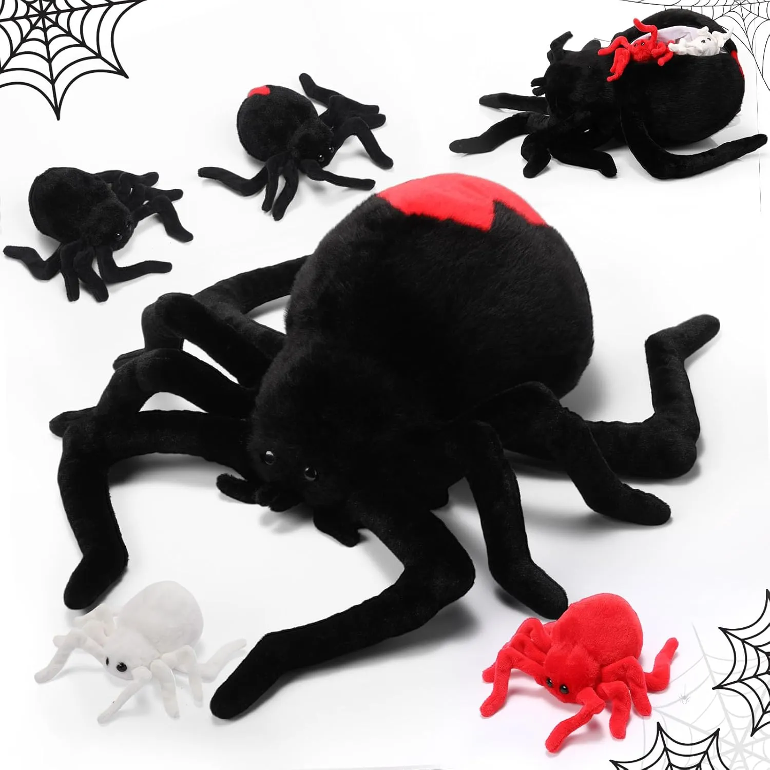 HyDren 5 Pcs Spider Plush Set 14 Inch Redback Spider Stuffed Animal with 4 Baby Spiderlings in Zippered Belly Plushie Gifts for Boys Girls Birthday Prank Party Decorations Tricky Props