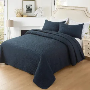 Hygge Hush Summer Quilt Set, Full Queen Size Navy Blue Leaves Pattern 3 Pieces Quilt Set, Oversized Modern Style Bedspread Set for All Season (1 Quilt & 2 Pillow Shams)