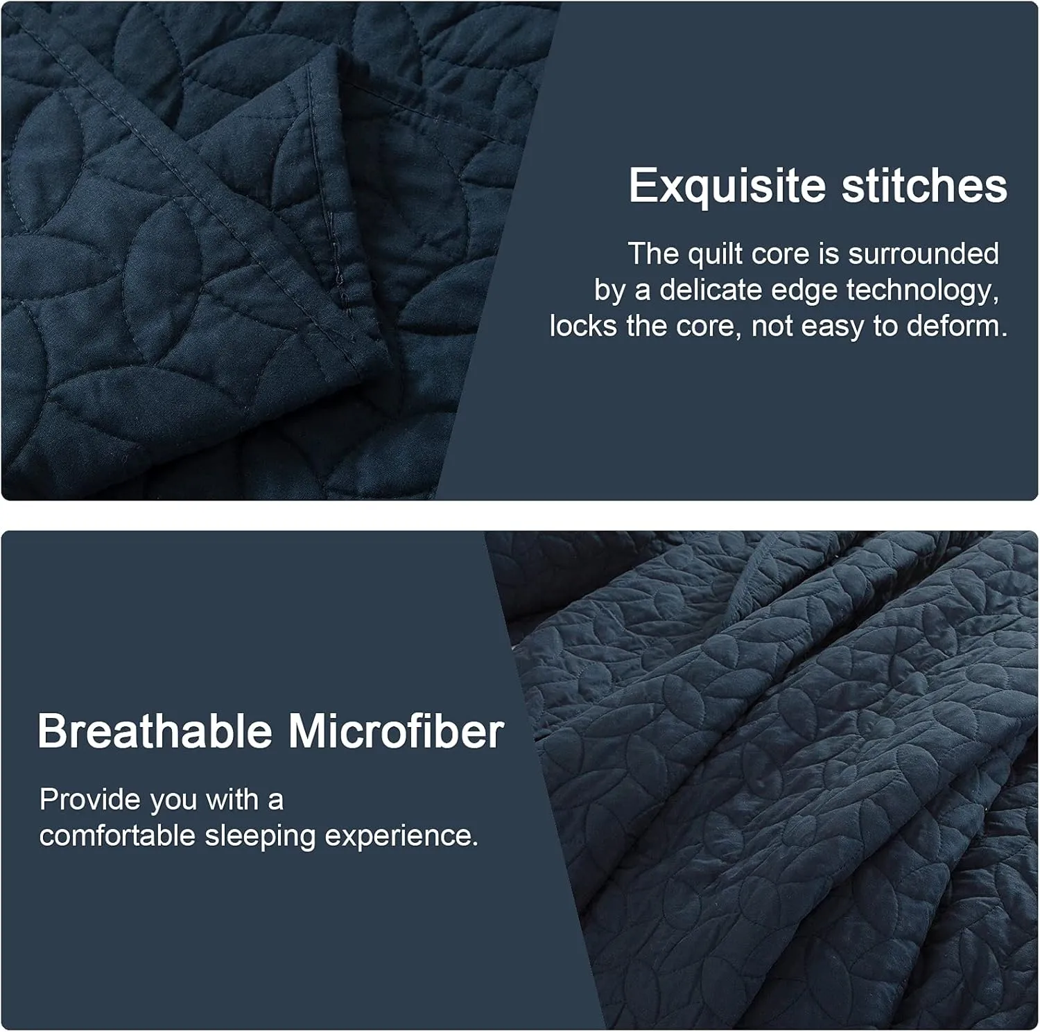 Hygge Hush Summer Quilt Set, Full Queen Size Navy Blue Leaves Pattern 3 Pieces Quilt Set, Oversized Modern Style Bedspread Set for All Season (1 Quilt & 2 Pillow Shams)