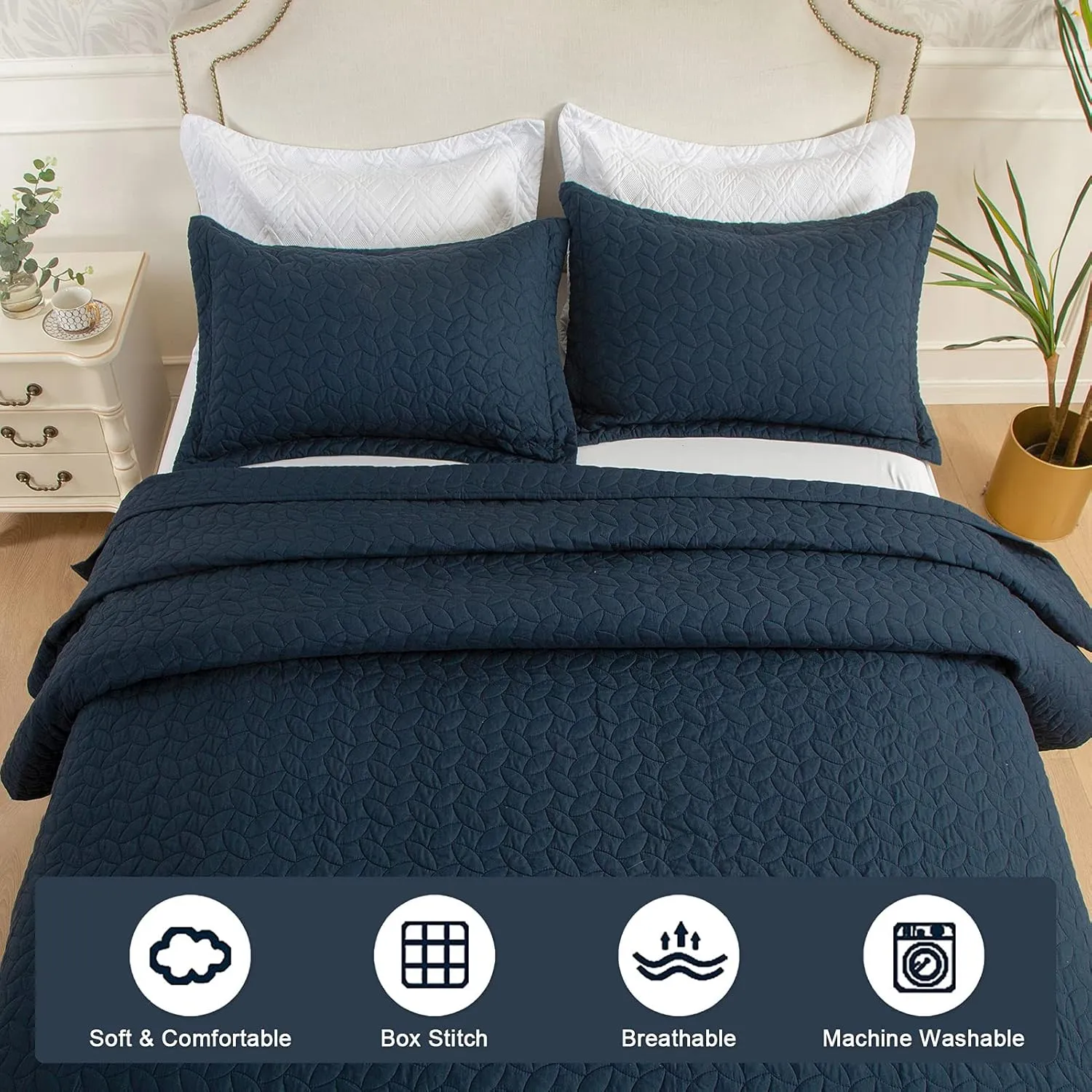 Hygge Hush Summer Quilt Set, Full Queen Size Navy Blue Leaves Pattern 3 Pieces Quilt Set, Oversized Modern Style Bedspread Set for All Season (1 Quilt & 2 Pillow Shams)