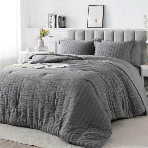 HYLEORY Queen Size Seersucker Comforter Set - 7 Pieces Reversible Comforters Bedding Sets, All Season Bed in a Bag with Comforter, Sheets, Pillowcases & Shams Grey