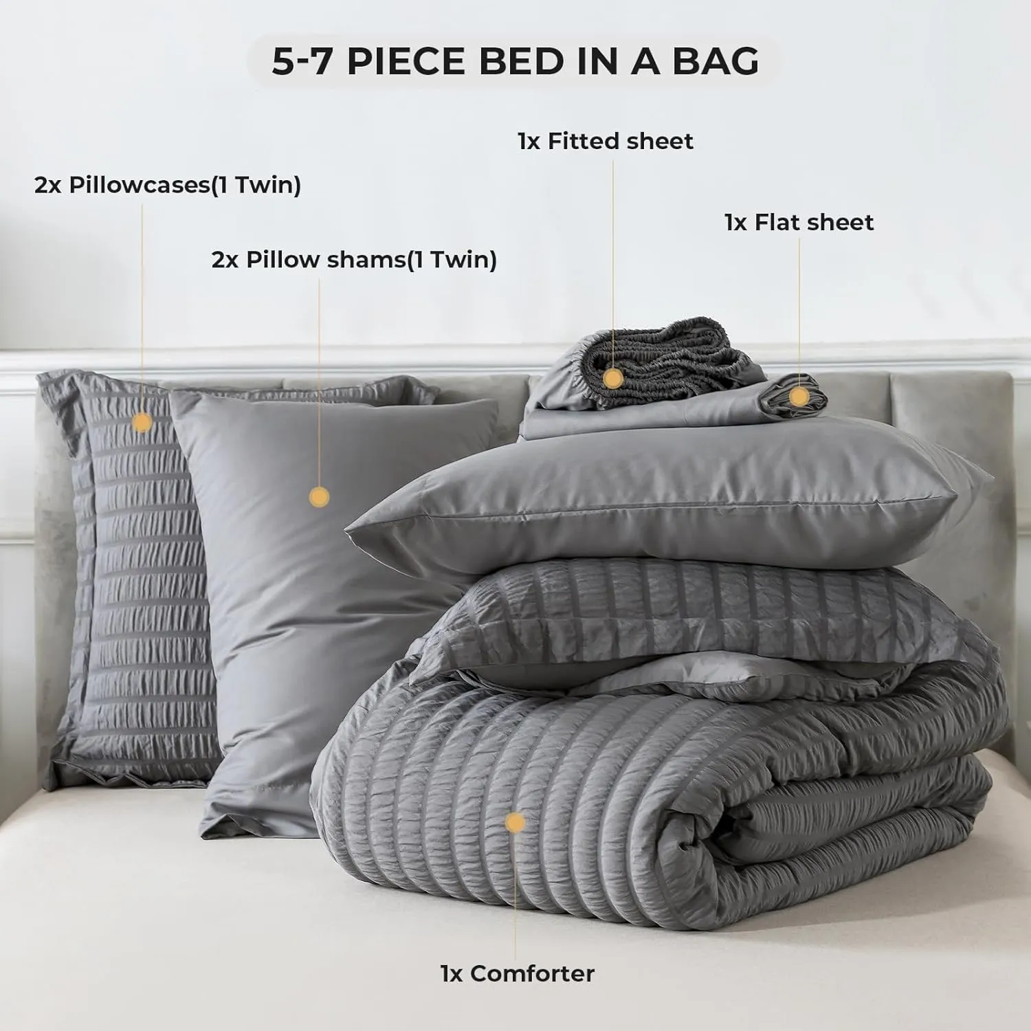 HYLEORY Queen Size Seersucker Comforter Set - 7 Pieces Reversible Comforters Bedding Sets, All Season Bed in a Bag with Comforter, Sheets, Pillowcases & Shams Grey