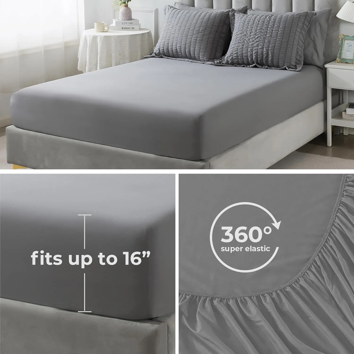 HYLEORY Queen Size Seersucker Comforter Set - 7 Pieces Reversible Comforters Bedding Sets, All Season Bed in a Bag with Comforter, Sheets, Pillowcases & Shams Grey