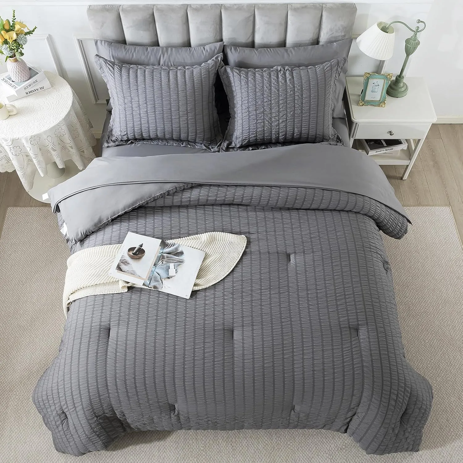 HYLEORY Queen Size Seersucker Comforter Set - 7 Pieces Reversible Comforters Bedding Sets, All Season Bed in a Bag with Comforter, Sheets, Pillowcases & Shams Grey