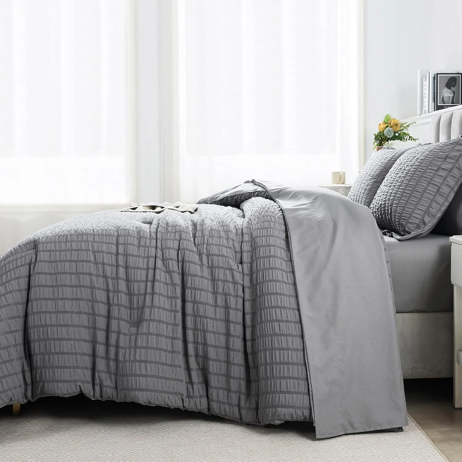 HYLEORY Queen Size Seersucker Comforter Set - 7 Pieces Reversible Comforters Bedding Sets, All Season Bed in a Bag with Comforter, Sheets, Pillowcases & Shams Grey