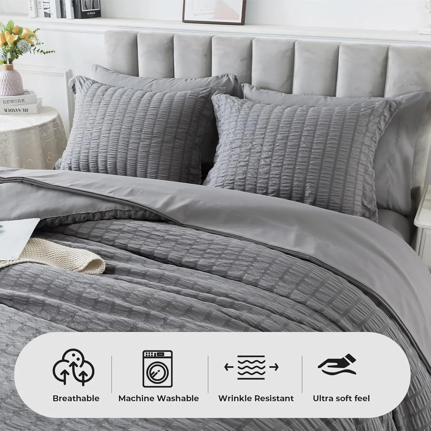 HYLEORY Queen Size Seersucker Comforter Set - 7 Pieces Reversible Comforters Bedding Sets, All Season Bed in a Bag with Comforter, Sheets, Pillowcases & Shams Grey