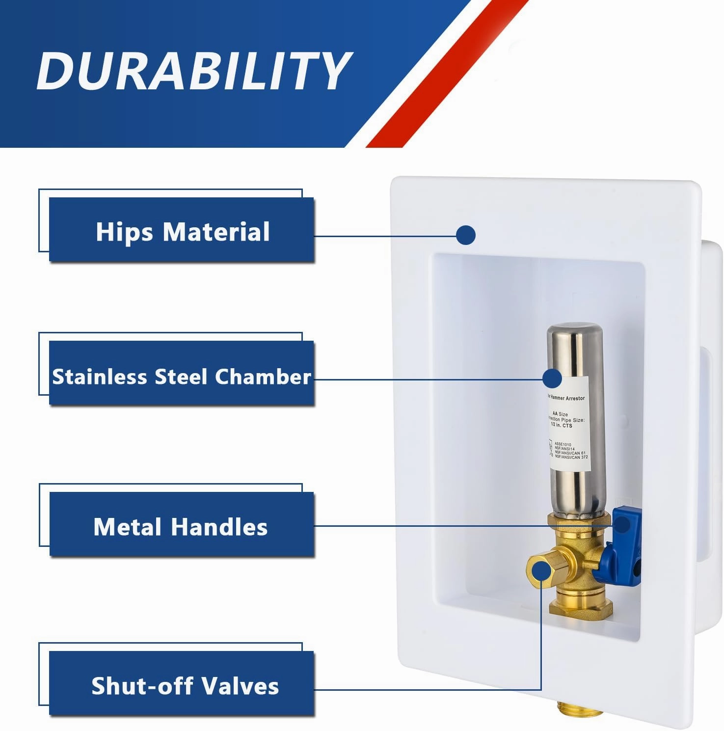 Ice Maker Outlet Box with Stainless Steel Water Hammer Arrestor,1/2 Inch Sweat (MIP) Inlet and 1/4 Inch OD Compression Outlet Connection, Icemaker Box with Installed 1/4-Turn Ball Valve