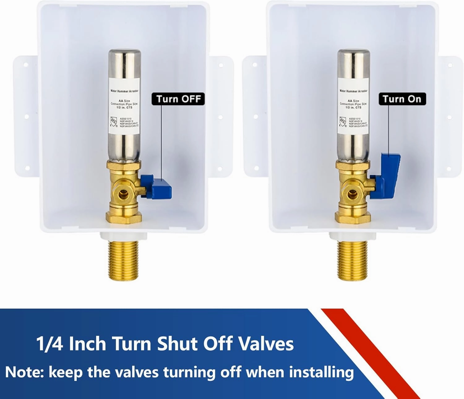 Ice Maker Outlet Box with Stainless Steel Water Hammer Arrestor,1/2 Inch Sweat (MIP) Inlet and 1/4 Inch OD Compression Outlet Connection, Icemaker Box with Installed 1/4-Turn Ball Valve