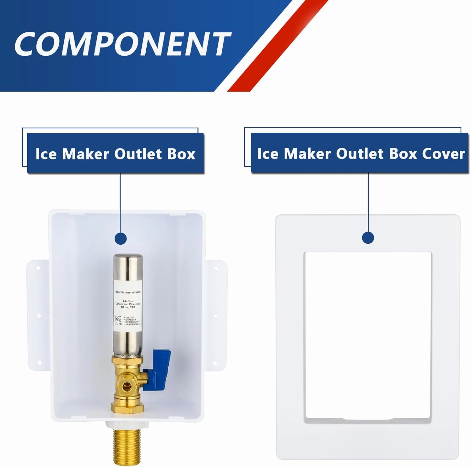 Ice Maker Outlet Box with Stainless Steel Water Hammer Arrestor,1/2 Inch Sweat (MIP) Inlet and 1/4 Inch OD Compression Outlet Connection, Icemaker Box with Installed 1/4-Turn Ball Valve