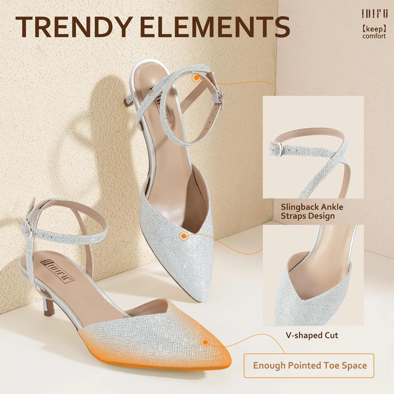 IDIFU IN2 Women's Pumps Closed Toe Kitten Heels Slingback Low Pointed Toe Short Ankle Strap Heels Wedding Bride Prom Bridal Work Dress Shoes for Women Comfortable Cute Trendy Pumps Shoes