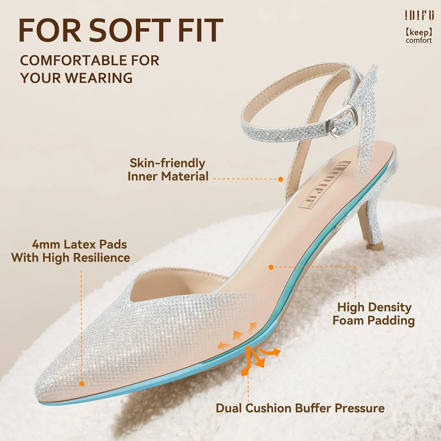 IDIFU IN2 Women's Pumps Closed Toe Kitten Heels Slingback Low Pointed Toe Short Ankle Strap Heels Wedding Bride Prom Bridal Work Dress Shoes for Women Comfortable Cute Trendy Pumps Shoes