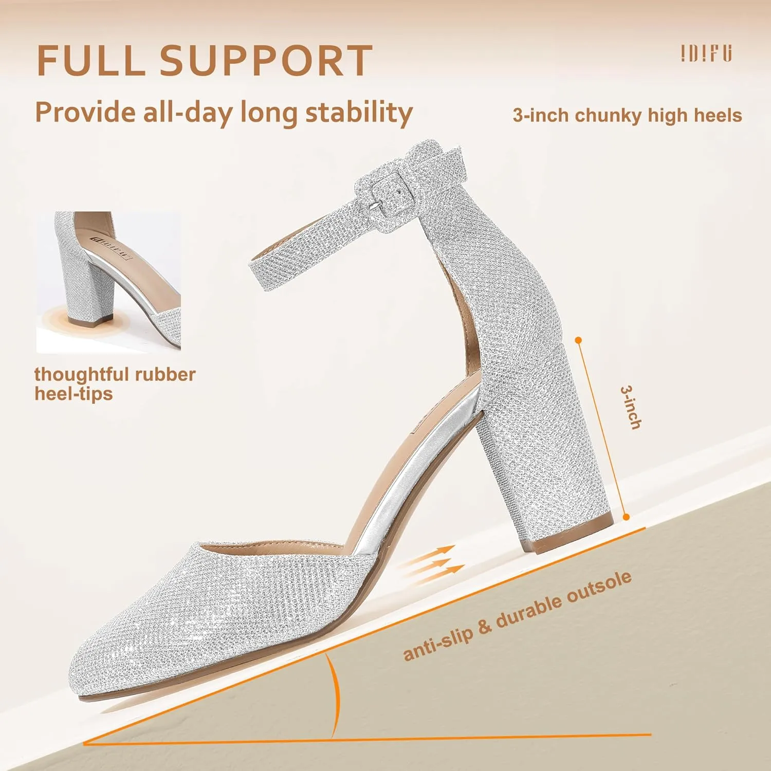 IDIFU IN3 Chunky Block Heels - Women's Pumps for Dress, Wedding, Bridal, Homecoming, Prom & Work - Comfortable Ankle Strap, Round Toe, Thick Heels