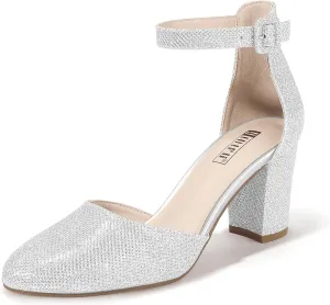 IDIFU IN3 Chunky Block Heels - Women's Pumps for Dress, Wedding, Bridal, Homecoming, Prom & Work - Comfortable Ankle Strap, Round Toe, Thick Heels