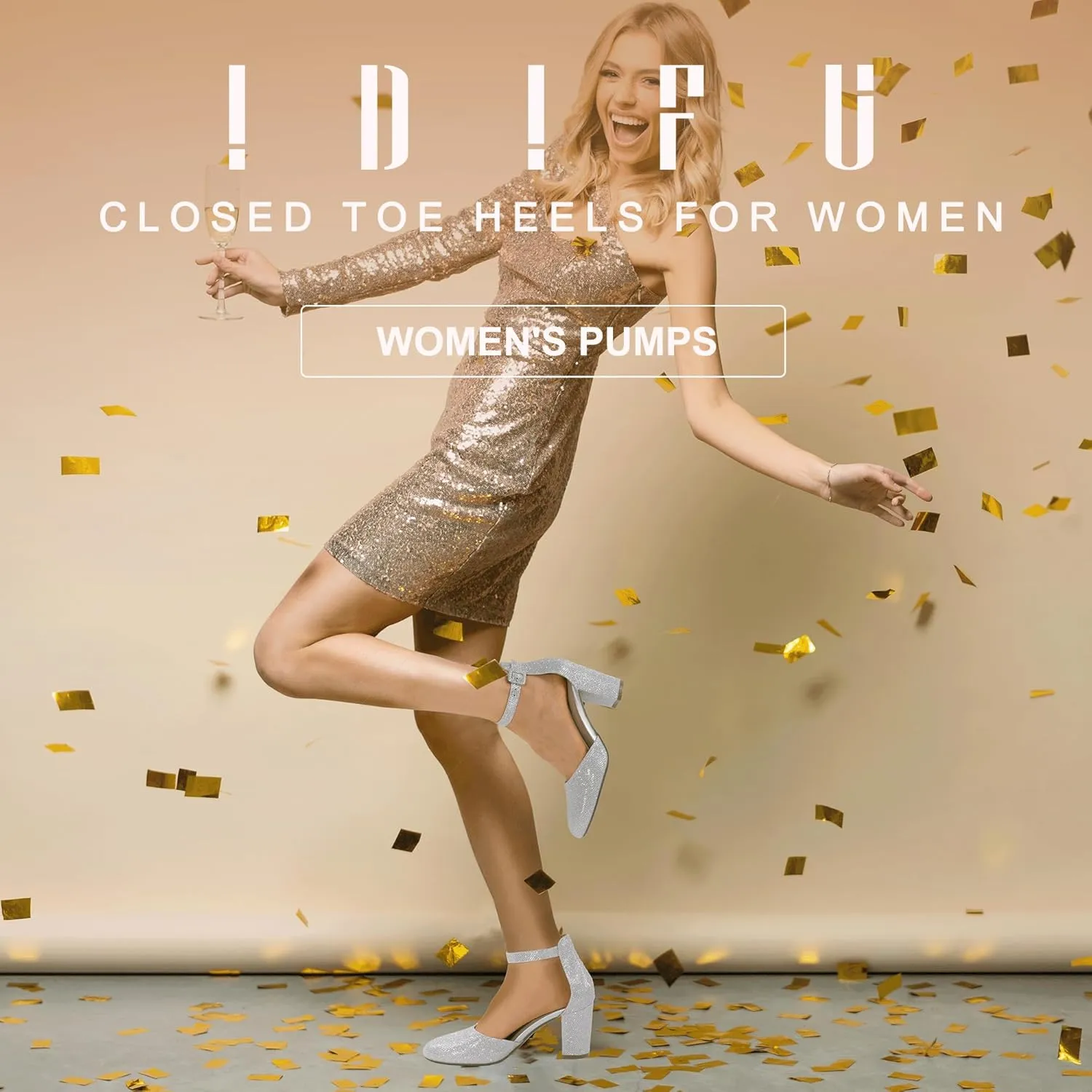 IDIFU IN3 Chunky Block Heels - Women's Pumps for Dress, Wedding, Bridal, Homecoming, Prom & Work - Comfortable Ankle Strap, Round Toe, Thick Heels