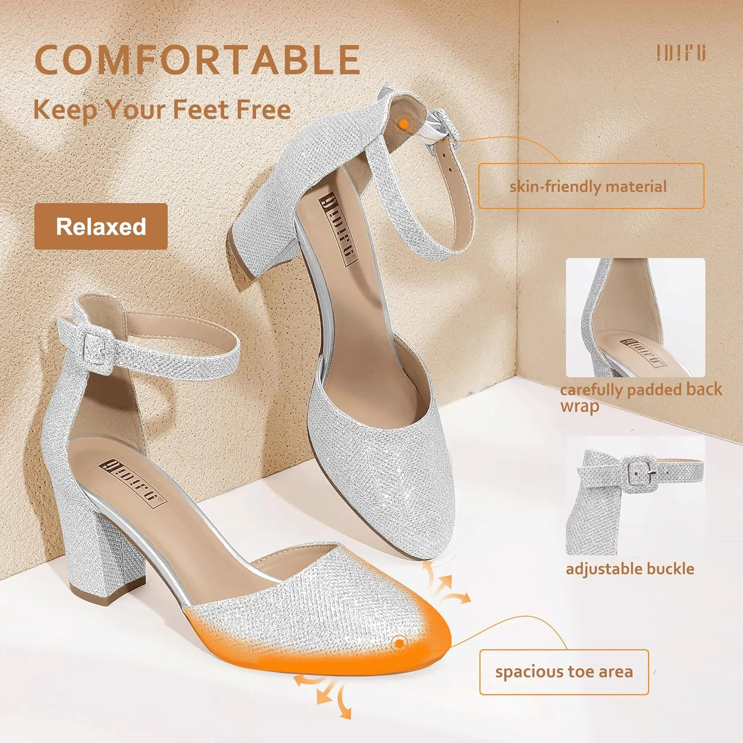 IDIFU IN3 Chunky Block Heels - Women's Pumps for Dress, Wedding, Bridal, Homecoming, Prom & Work - Comfortable Ankle Strap, Round Toe, Thick Heels