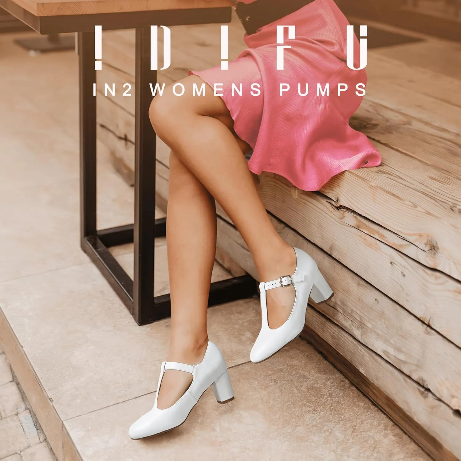 IDIFU Women's Pumps Dress Shoes for Women Mary Jane Low Chunky Closed Toe T-Strap Womens Dress Shoes Wedding Shoes for Bride Black Nude Silver Heels for Women