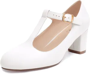 IDIFU Women's Pumps Dress Shoes for Women Mary Jane Low Chunky Closed Toe T-Strap Womens Dress Shoes Wedding Shoes for Bride Black Nude Silver Heels for Women