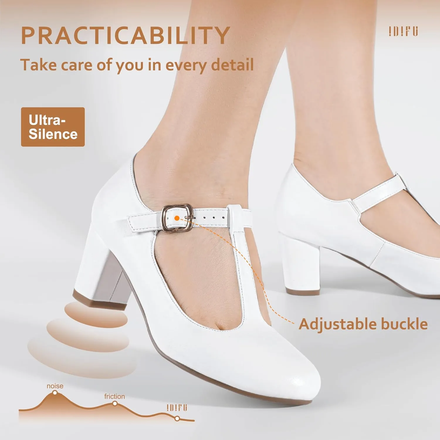 IDIFU Women's Pumps Dress Shoes for Women Mary Jane Low Chunky Closed Toe T-Strap Womens Dress Shoes Wedding Shoes for Bride Black Nude Silver Heels for Women