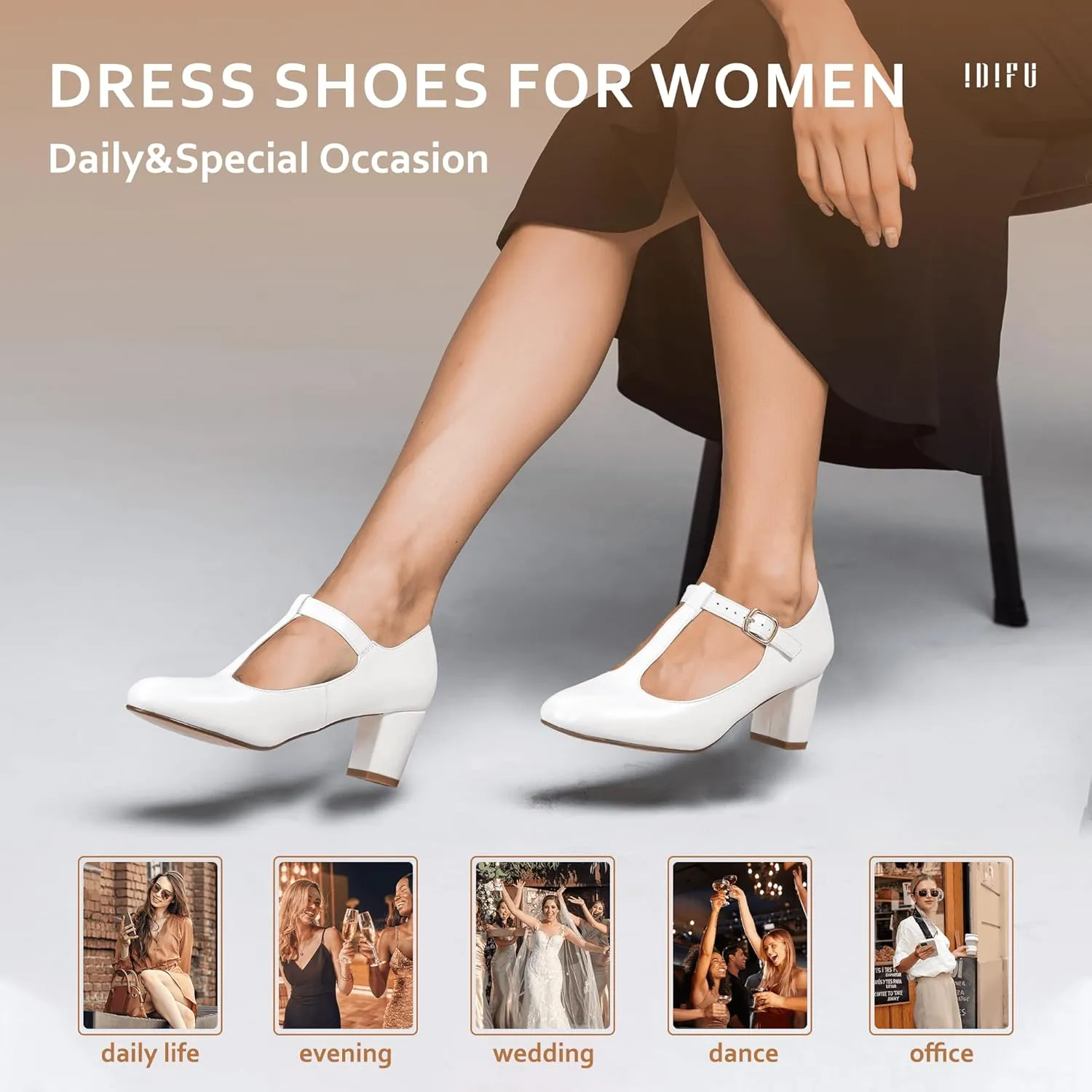 IDIFU Women's Pumps Dress Shoes for Women Mary Jane Low Chunky Closed Toe T-Strap Womens Dress Shoes Wedding Shoes for Bride Black Nude Silver Heels for Women