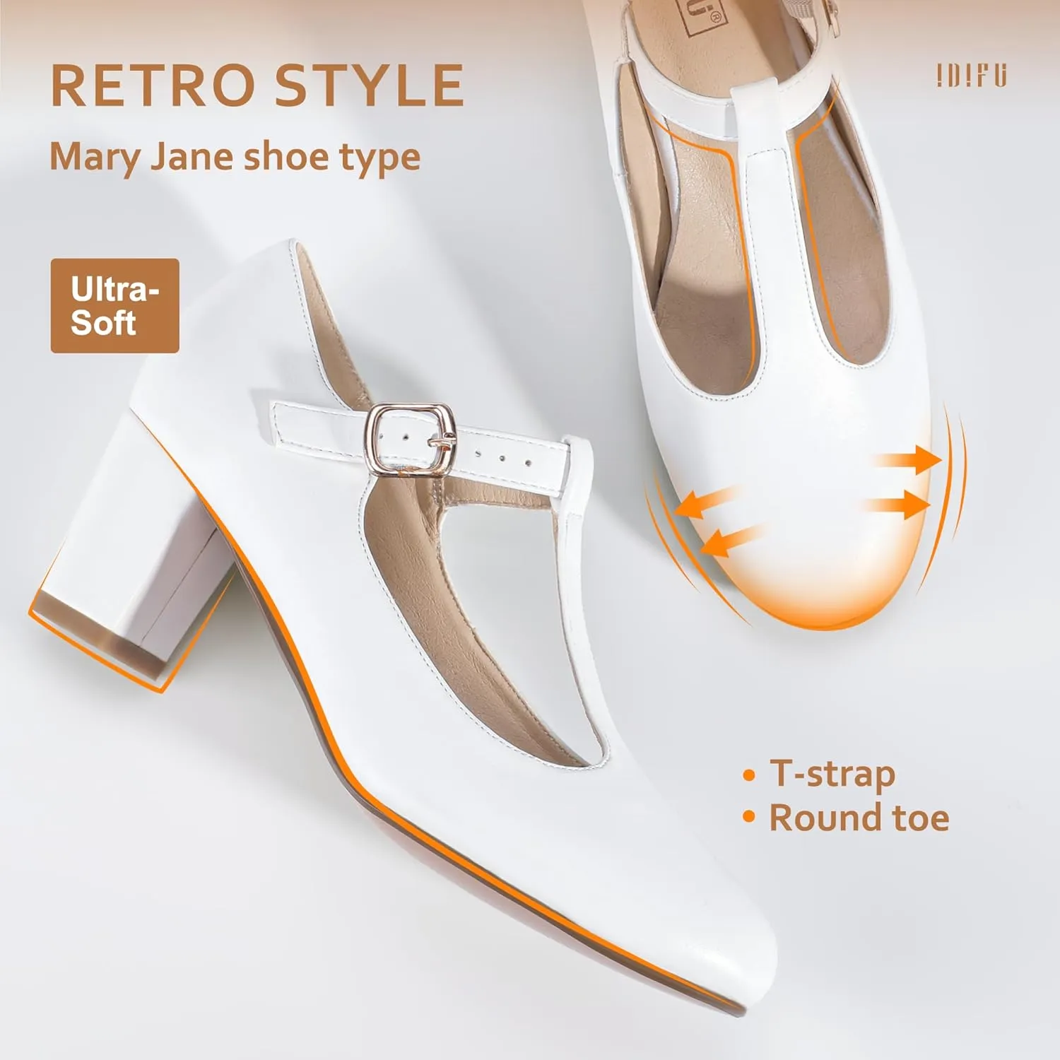 IDIFU Women's Pumps Dress Shoes for Women Mary Jane Low Chunky Closed Toe T-Strap Womens Dress Shoes Wedding Shoes for Bride Black Nude Silver Heels for Women