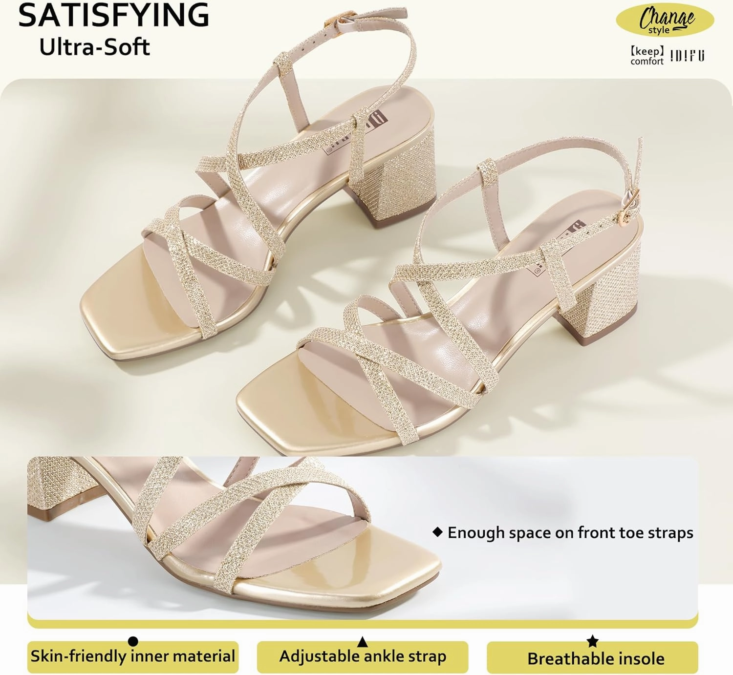 IDIFU IN2 Strappy Heels Chunky Block Square Toe Wedding Prom Bride Bridal Dance Party Dress Shoes for Women Trendy Comfortable Dressy Cute Casual Summer Heeled Sandals Slingback Low Short Heels