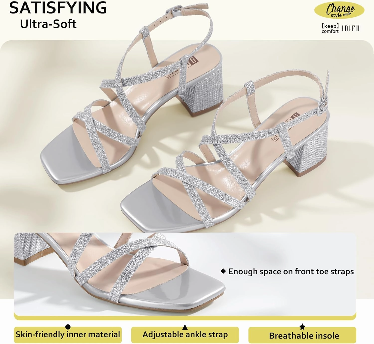 IDIFU IN2 Strappy Heels Chunky Block Square Toe Wedding Prom Bride Bridal Dance Party Dress Shoes for Women Trendy Comfortable Dressy Cute Casual Summer Heeled Sandals Slingback Low Short Heels