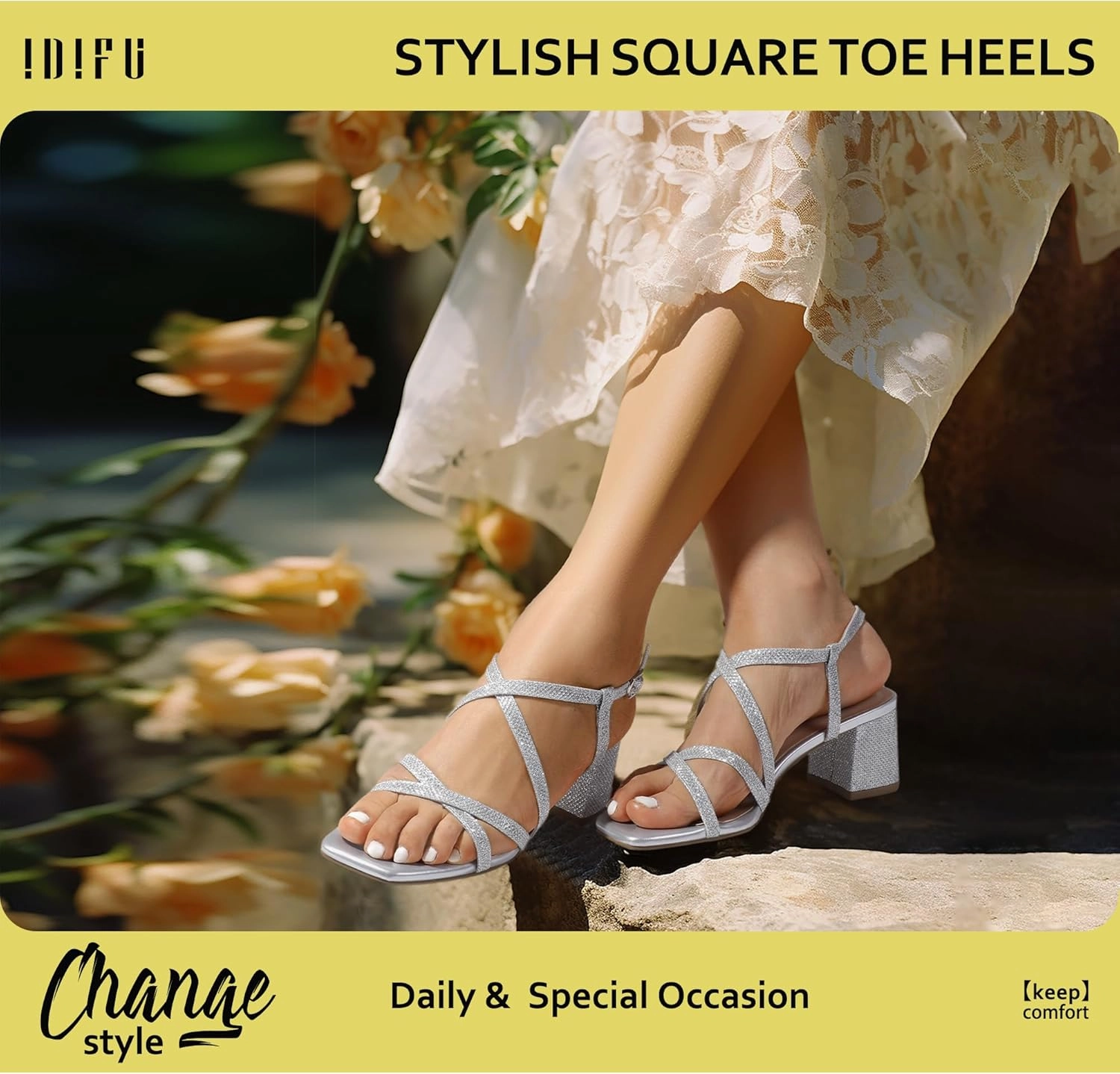 IDIFU IN2 Strappy Heels Chunky Block Square Toe Wedding Prom Bride Bridal Dance Party Dress Shoes for Women Trendy Comfortable Dressy Cute Casual Summer Heeled Sandals Slingback Low Short Heels