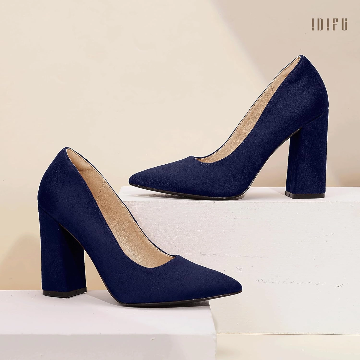 IDIFU IN4 Women's Pumps - Closed Toe Heels with Chunky Block Heels - Thick Pointed Toe Dress Shoes for Women - Wedding, Prom, Bridal, Office, Business - Comfortable, Formal, Fashion, Classic Pumps