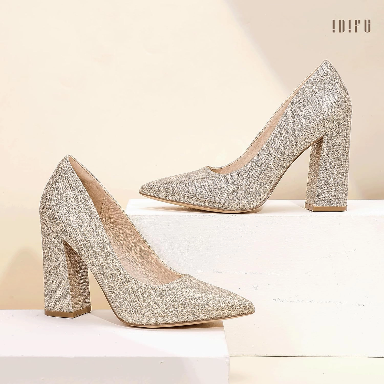 IDIFU IN4 Women's Pumps - Closed Toe Heels with Chunky Block Heels - Thick Pointed Toe Dress Shoes for Women - Wedding, Prom, Bridal, Office, Business - Comfortable, Formal, Fashion, Classic Pumps
