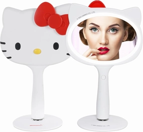 Impressions Vanity Hello Kitty LED Handheld Makeup Mirror with Magnetic Ball Standing Base, Velvety Soft Touch Finish, Ultra Bright Adjustable Brightness, Portable Lighted Mirrors for Travel and Home