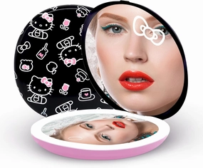 Impressions Vanity Hello Kitty The Favorites Compact Mirror with Light, Double Sided Cute Travel Makeup Mirror with Magnification, Soft Touch Button, and Adjustable Brightness