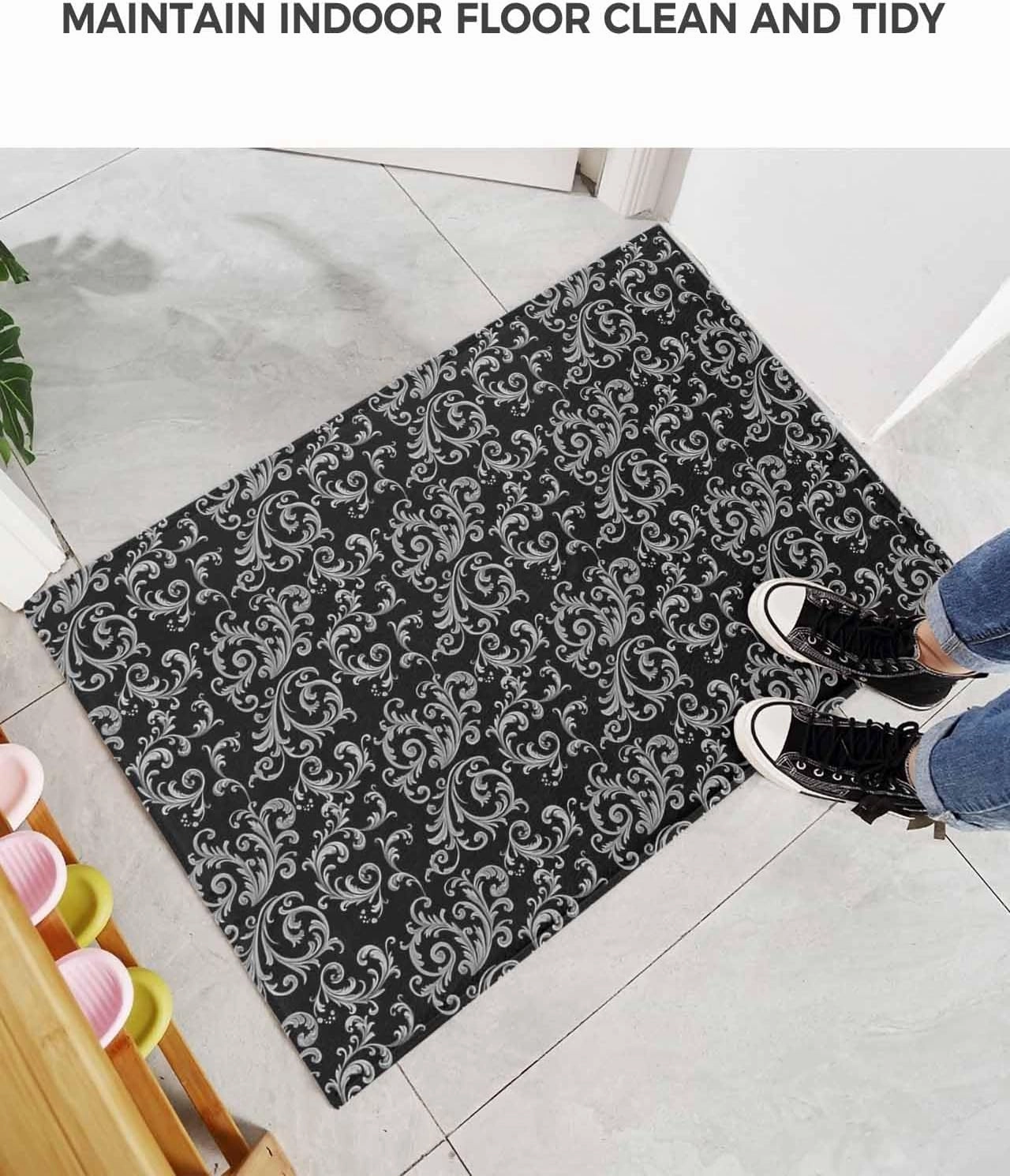 Indoor Doormat Classic Swirling Floral Seamless Design,Shaggy Floor Mat with Non-Skid Backing Black Grey,Machine Washable Plush Area Rug Carpets for Kitchen Nursery Bedroom