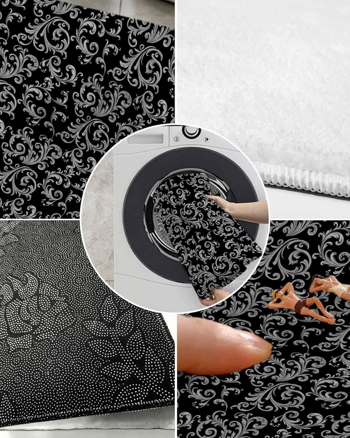 Indoor Doormat Classic Swirling Floral Seamless Design,Shaggy Floor Mat with Non-Skid Backing Black Grey,Machine Washable Plush Area Rug Carpets for Kitchen Nursery Bedroom