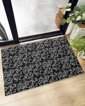 Indoor Doormat Classic Swirling Floral Seamless Design,Shaggy Floor Mat with Non-Skid Backing Black Grey,Machine Washable Plush Area Rug Carpets for Kitchen Nursery Bedroom