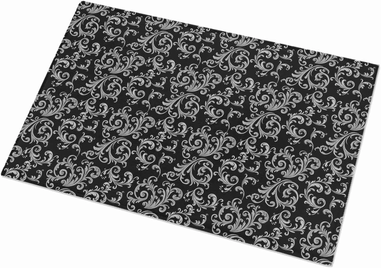 Indoor Doormat Classic Swirling Floral Seamless Design,Shaggy Floor Mat with Non-Skid Backing Black Grey,Machine Washable Plush Area Rug Carpets for Kitchen Nursery Bedroom
